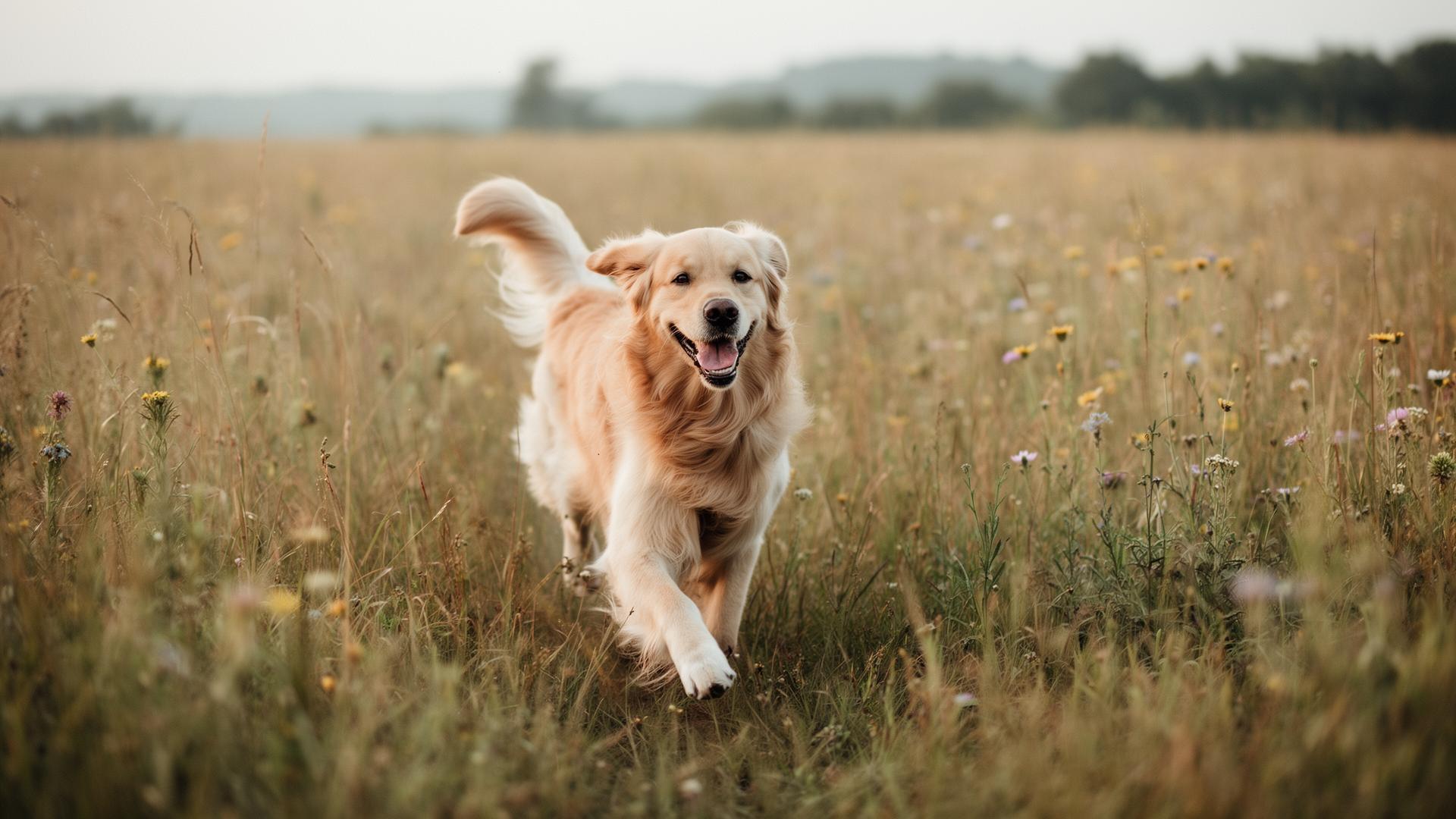 Golden retriever running through an Illinois prairie