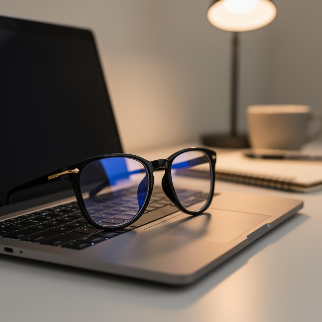 LiteProducts Model O3s glasses resting on a laptop keyboard at a warmly lit desk