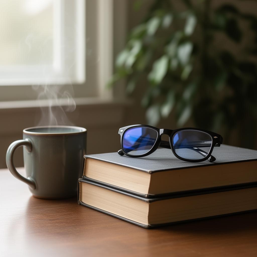 LiteProducts Model O3s glasses on a stack of hardcover books next to a steaming mug