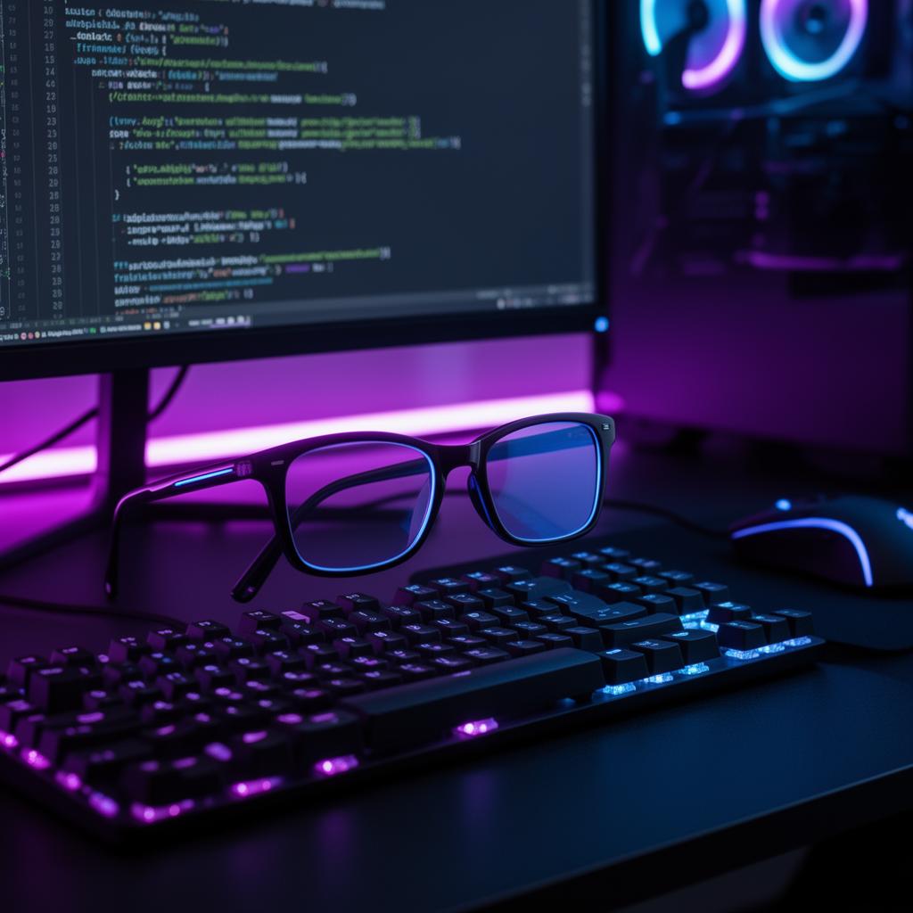 LiteProducts Model O3s glasses on a gaming desk with mechanical keyboard and RGB lighting